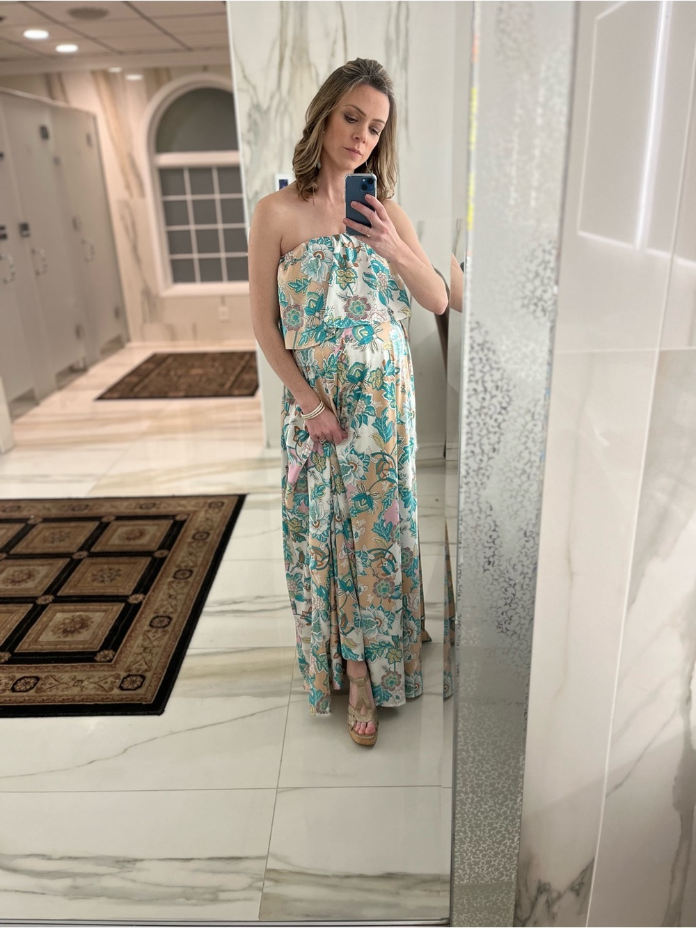 Maternity Floral Off-Shoulder Maxi Dress in Peach & Teal